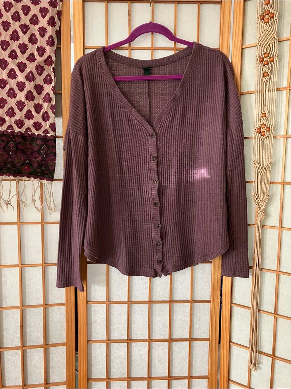 Wild Fable M Waffle-Knit Button-Front Top Mauve Purple - Brown Buttons